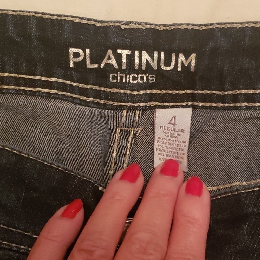 Chico's Jeans Platinum Dark denim Boot cut with Rhinstone pockets - Picture 3 of 9